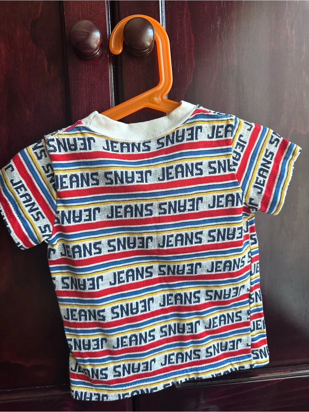 Vintage Striped 'JEANS' Logo Tee - Red, Blue, Yellow & White